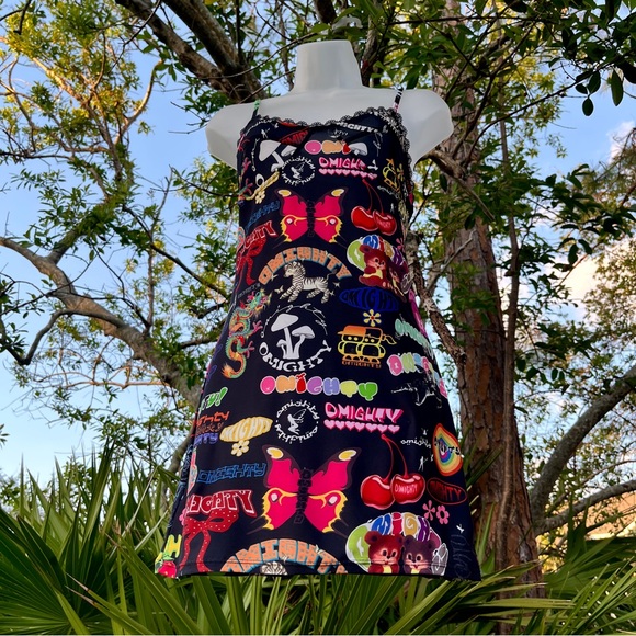 Omighty Logomania Black Mini Dress Size S Stretch Tattoo Sexy Sheer Straps Layer - Picture 16 of 17